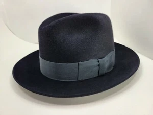 STETSON FIRENZE NAVY FUR FELT LONG HAIR SILK FINISH HAT FEDORA MADE IN USA - Picture 1 of 8
