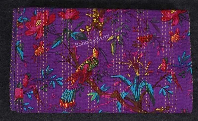 Handstitched kantha quilt cotton Indian bedspreads bird print bedding Queen size - Image 1 of 4