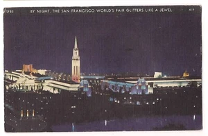 San Francisco WORLD'S FAIR GLITTERS at NIGHT California Postcard CA Linen 1939 - Picture 1 of 2
