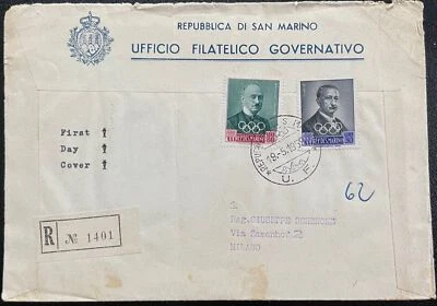 1959 San Marino #430,#432 FDC on Reg & Official mail; Olympic topical *d - Image 1 of 2