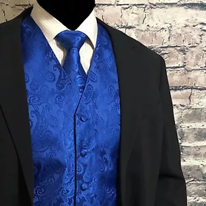 ROYAL BLUE XS to 6XL Paisley Tuxedo Suit Dress Vest Waistcoat & Neck tie wedding - Picture 1 of 4