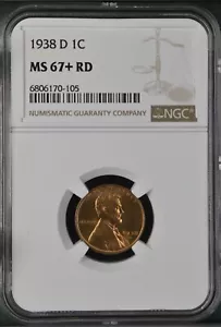 1938-D 1C RD Lincoln Wheat One Cent NGC MS67+RD 6806170-105 - Picture 1 of 2