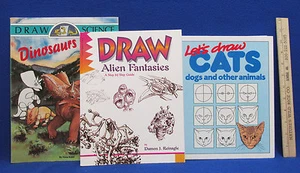Vintage Drawing Books Lot of 3 Drawing Cats Dogs Aliens Fantasy Dinosaurs  - Picture 1 of 5