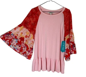 Pioneer Woman Women's Blouse Top S Ruffle Flare Sleeve Tunic Pink Red Boho NWT - Picture 1 of 9