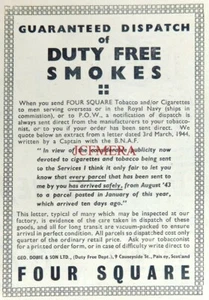 WW2 'Four Square' Tobacco 'Duty-Free to H M Forces', Small 1944 Advert : 666/56 - Picture 1 of 1