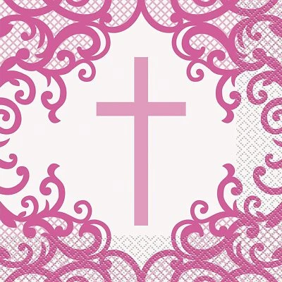 Pink Cross Paper Napkins Communion Confirmation Christening Party Serviette x 16 - Image 1 of 2