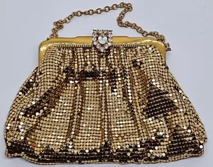Vintage Whiting & Davis Gold Deco Mesh Bag Evening Bag Purse with Jeweled Clasp - Picture 1 of 15