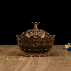 Chinese Antique Bronze Lotus Flower Fragrant Box Round Incense Burner Statue - Picture 1 of 4