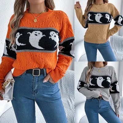 Ladies Party Halloween Jumper Tops Womens Ghosts KNITTED Sweater Pullover Winter - Image 1 of 4