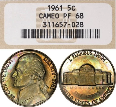 PF68CAM 1961 5C Jefferson Proof Nickel, NGC Old Fatty Holder- Rainbow Toned - Image 1 of 4