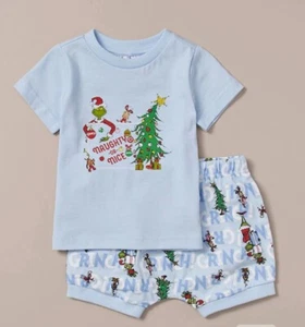 Baby Boys girls size 00 Blue Cotton GRINCH naughty  nice summer pyjamas NEW 3430 - Picture 1 of 3