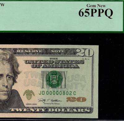 2009 $20 Federal Reserve Note PCGS 65PPQ - Birthday - Low Serial Number 00000802 - Image 1 of 3