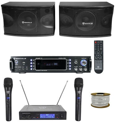 Pair Rockville KPS80 8" Karaoke/Pro Speakers + Bluetooth Amp + Wireless Mics - Image 1 of 4