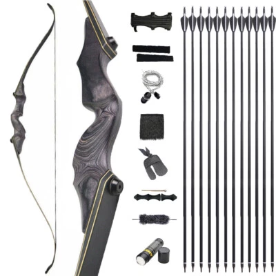 60"Recurve Bow Set Carbon Arrows Archery 25-65lbs Hunting RH LH Takedown Longbow - Image 1 of 4