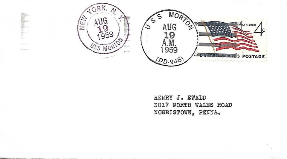 MORTON (DD-948) 19 Aug 1959 Locy Type 2(n+u)(A,USS) & 9fu Postmarks - Image 1 of 1