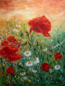 ACEO IMPRESIÓN DE PINTURA - PRADO flores amapolas manzanillas puesta de sol miniatura EMMA - Imagen 1 de 4