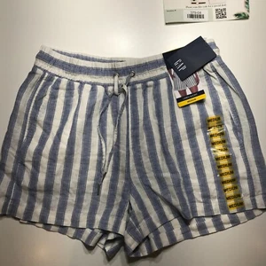 Gap Womens Blue & White Bengal Stripes Linen Drawstring Summer Shorts Size M NEW - Picture 1 of 13