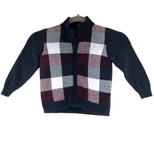 Janie And Jack Boys Size 2T Plaid Jacquard Zip Sweater Cardigan Buffalo Navy - Picture 1 of 18