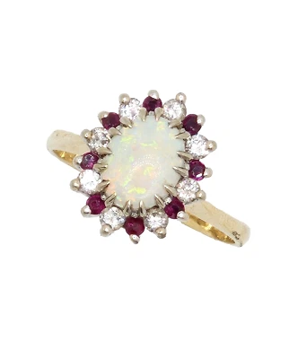 13K 黄金光环戒指 带蛋白石、钻石和红宝石,美国尺寸 9,4.5 克 — 第 1/4 张图片