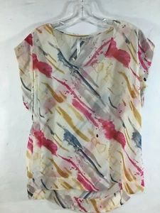LC Lauren Conrad Sheer Pink White Blouse sz S Small High Low EUC Short Sleeve - Picture 1 of 4