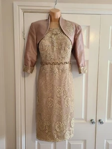 Impresionante vestido y chaqueta de ocasión de encaje dorado talla 16 de máscara - Imagen 1 de 7