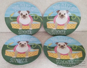 4 NEW 6" MELAMINE TIDBIT SIDE DISH PLATE PUG PUP "DOG DAYS OF SUMMER" IN POOL - Picture 1 of 3