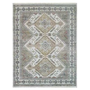 Alfombra de gran tamaño con borde de rosetas de flores anudadas a mano blanco perla 13'8"x17'9" R65817 - Imagen 1 de 12