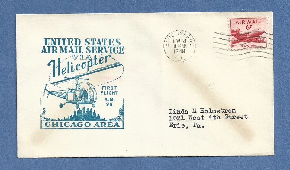 AM 96 VÍA HELICÓPTERO ISLA AZUL ENFERMO A CHICAGO 21 DE NOVIEMBRE DE 1949 PRIMERA CUBIERTA DE VUELO Foto 1 de 1