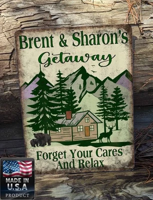 Personalized Getaway Mountain Cabin Forget Your Cares & Relax 9"x12" Metal Sign - Image 1 of 4