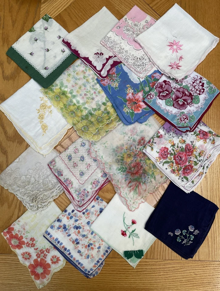 VINTAGE HANKIES HANDKERCHIEFS - LOT OF 16 - cloth tissues, reusable, antique - Image 1 of 4