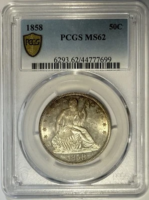 1858 Seated Liberty Half Dollar 50c PCGS MS62 ⭐️NICE STRONG STRIKE & LUSTER⭐️ - Image 1 of 3