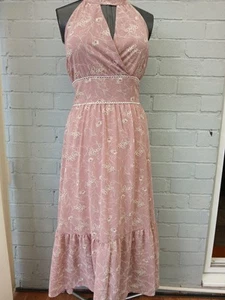 Blue Vanilla Pink Floral Cut Out Halter Neck Midi Dress Size 16 - Picture 1 of 9