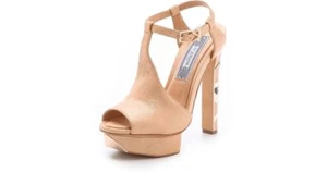IVY KIRZHNER "CASPAR" ART DECO GOLD SUEDE LEATHER ENAMEL 5" PLATFORM HEELS 7.5 - Picture 1 of 9