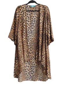 L- Turquoise Haven Brown Black LEOPARD Animal Print Sheer Open Kimono Top 40"+ - Picture 1 of 4