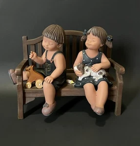 Boy Girl Puppy Sitting On Bench Resin  Figurine Statue SIGNED LIMITED EDITION - Picture 1 of 24
