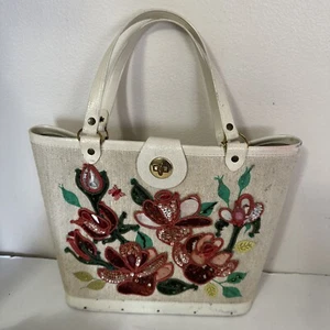 Vintage 60's Kit Purse Rose Bead Sequin Handbag Bucket Wood Bottom - Picture 1 of 8