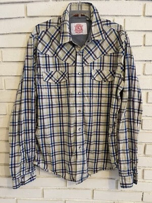 Camisa Christian Audigier Talla XL Perla A Presión Azul Tostado Cuadros Manga Larga Western Foto 1 de 4