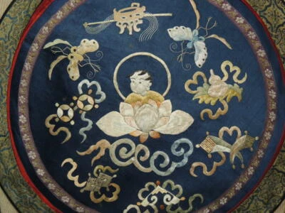 Antique Chinese Silk Embroidery 15" Panel Tapestry round boy lotus dragonfly - Image 1 of 4
