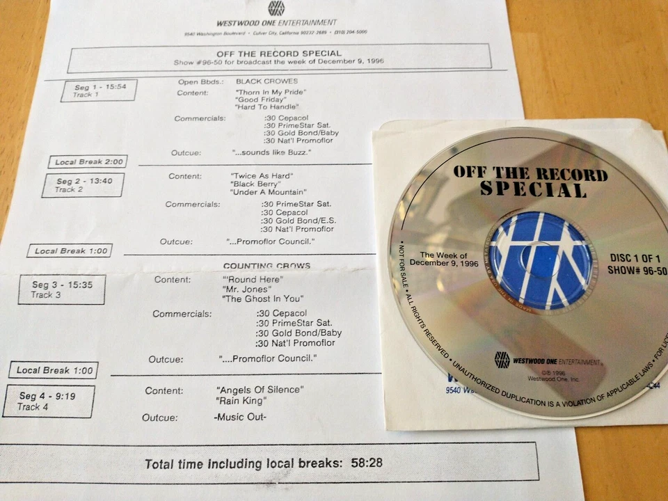 Black Crowes & Counting Crows Off The Record 1 cd M&I radio show 12/9/96 #96-50 - Imagem 1 de 1
