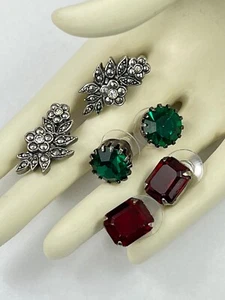 Lot of 3 Pairs Stud Post Earrings Marcasite Red Green Prong Set Stones Christmas - Picture 1 of 7