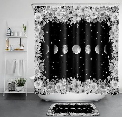 Moon Phase Grey Floral Black and White Shower Curtain Set for Bathroom Decor - Image 1 of 4