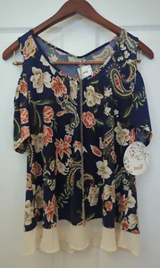 naif Top Large Blue Flower Top Short Sleeve Shirt Off the Shoulder With Necklace - Picture 1 of 24