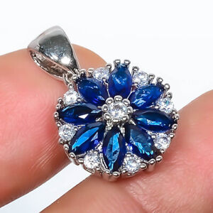 Blue Sapphire & Topaz White Gold Plated 925 Sterling Silver Pendant 0.98" P8-491