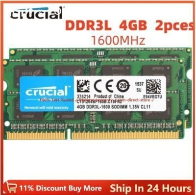 CRUCIAL DDR3 4GB x2 8GB 1600 MHz PC3-12800 PC3L DDR3L Laptop SODIMM Memory RAM - Image 1 of 4