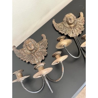 Antique Angel Wings Cherub Candle Holders Wall Sconce Pair Baroque Style Gothic - Image 1 of 4