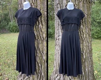 Vtg 40s Black Cocktail Party Dress Cool Bodice & Button Detail S - Image 1 of 4