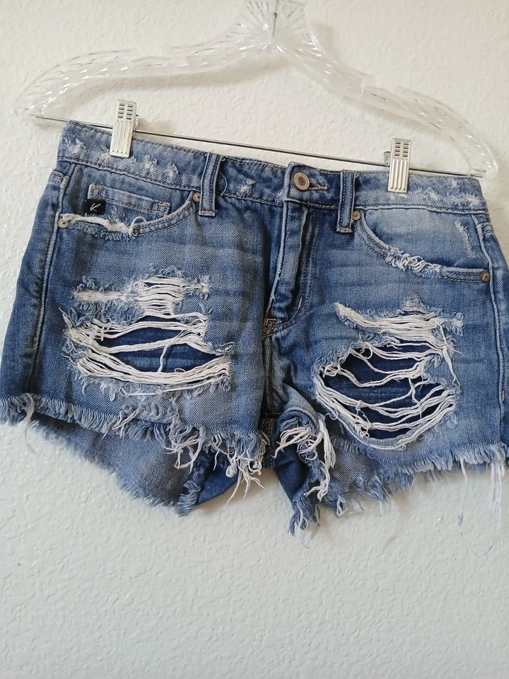 Kancan Denim Blue Raw Hem Shorts With Distressing Detail Size Small Summer - Image 1 of 4