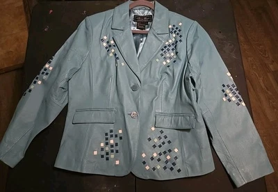 Vintage Terry Lewis Classic Luxuries Light Green Patterned Leather Blazer Jacket - Image 1 of 4