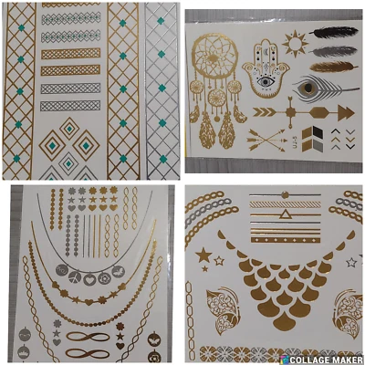 4 piezas. Tatuajes temporales de lámina dorada y plateada mariposa flash, corazones cuerpo cara tats Foto 1 de 4