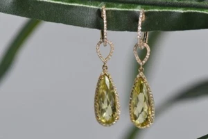 14k Yellow Gold Peridot Gemstone Diamond Teardrop Dangle Chandelier Earrings - Picture 1 of 14
